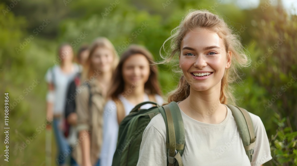 A smiling young woman leads a group of friends on a hiking trail, surrounded by lush greenery and nature. A smiling young woman leads a group of friends on a hiking trail, surrounded by lush greenery and nature.