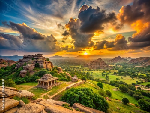 Hampi Sunset: Overcast Sky Bokeh View from Malyavanta Hill, Karnataka, India photo