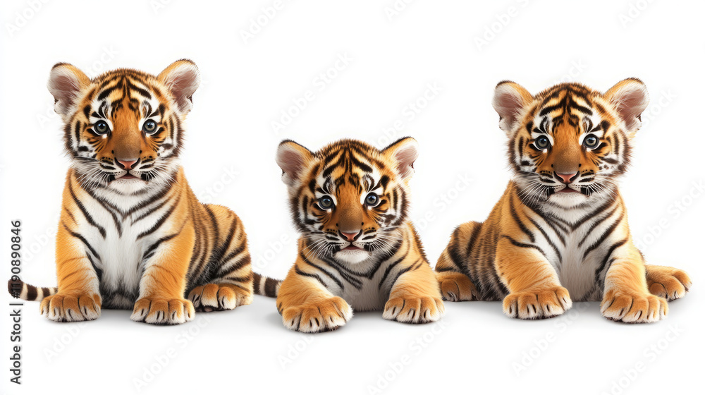 Fototapeta premium adorable three tiger cubs on white background for high-resolution wildlife photography and royalty-free images of playful baby bengal tigers in close-up, perfect for print and website design