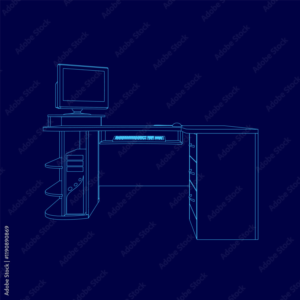 Computer desk with a monitor and keyboard. The desk is blue and has a shelf. The desk is designed to be a workstation Computer desk with a monitor and keyboard. The desk is blue and has a shelf. The desk is designed to be a workstation