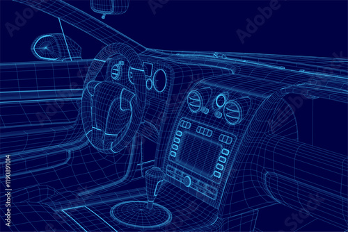 Blue car with a steering wheel and a dashboard with a bunch of buttons. The car is in a futuristic style