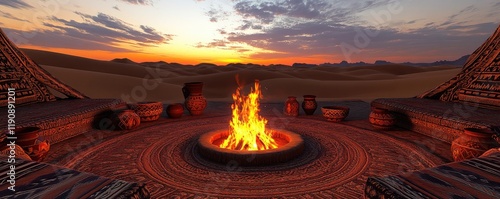 Desert Campfire at Sunset with Traditional Seating and Pottery