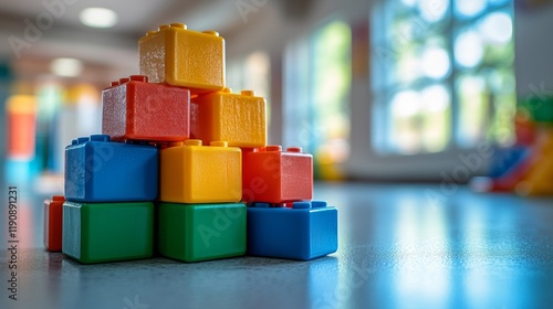 Colorful building blocks stacked in a creative play area for children in a br...