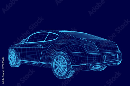 Blue car with a sleek design and a shiny finish. The car is shown in a 3D, giving it a futuristic and modern appearance. Concept of luxury and sophistication, as well as a sense of speed