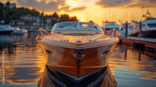 Serene boat anchored in calm waters surrounded by lush trees in a picturesque...