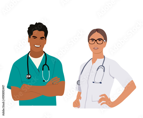 Couple of smiling young doctors, nurse, paramedics. Man and woman medic workers in uniform scrubs and white coat with stethoscopes. Flat vector illustration isolated on transparent background.