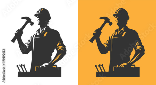 Industrial worker with hammer, construction workers symbol for labor day. Clean, bold, black vector artwork. Construction worker logo vector art. Worker construction for labor day.