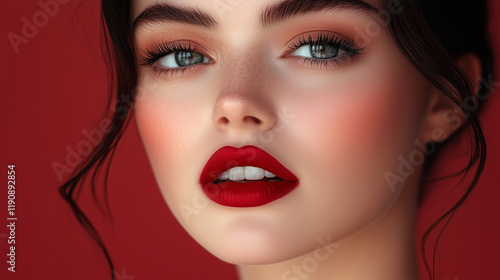 Wallpaper Mural closeup of woman wearing red lipgloss lipstick with perfect white teeth; beauty makeup Torontodigital.ca