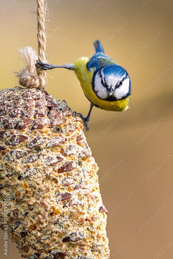 Blaumeise im Winter an einem Zapfen mit Futter / Vogel