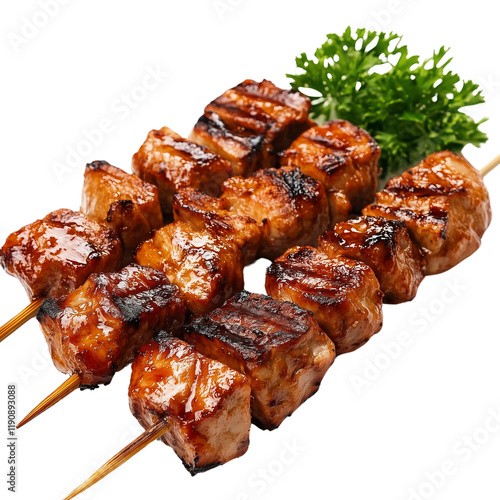 A close-up of delicious Dinde turkey skewers, perfectly grilled on transparent png background photo