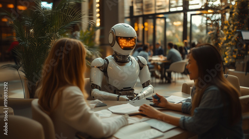 Humanoid advanced robot android attending business meeting with human coworkers in company building