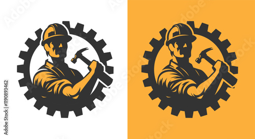 Industrial worker with hammer, construction workers symbol for labor day. Clean, bold, black vector artwork. Construction worker logo vector art. Worker construction for labor day.