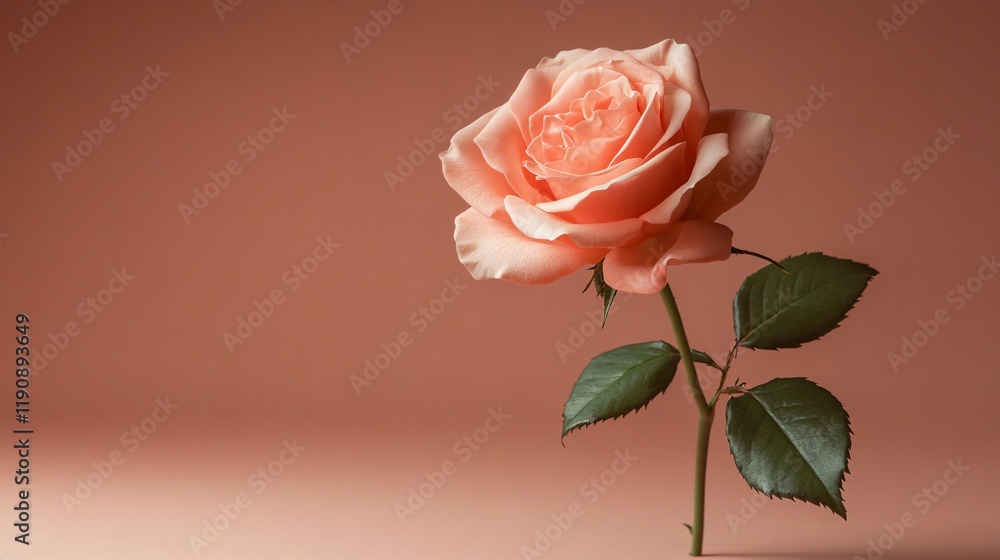 Fototapeta premium Peach rose blooming on solid background representing love and romance