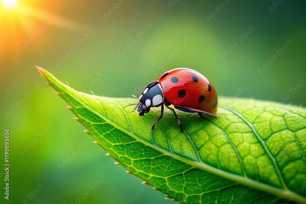 Minimalist Ladybug Photography: Single Red Ladybug on Green Leaf Minimalist Ladybug Photography: Single Red Ladybug on Green Leaf