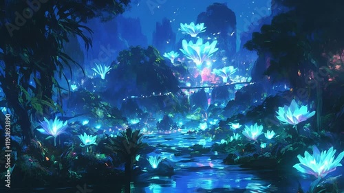 Enchanted Fantasy Landscape with Glowing Bioluminescent Flora