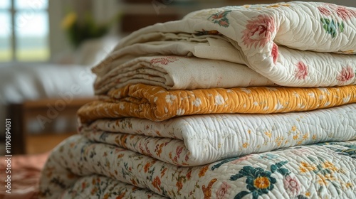 Colorful quilts stacked neatly in a creative display showcasing intricate flo...