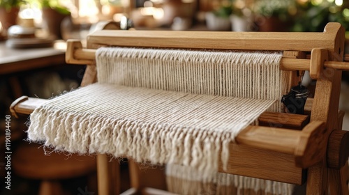 Handmade wooden loom for weaving with delicate fabric resting on it in a brig...
