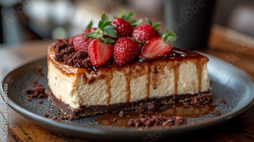 Delicious cheesecake with strawberries and chocolate sauce on a wooden table
