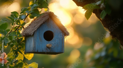 Wooden birdhouse hanging from a tree branch surrounded by vibrant flowers in ...