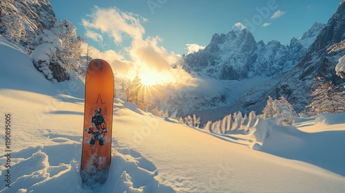Snowboard resting on fresh snow with a stunning mountain backdrop at sunset