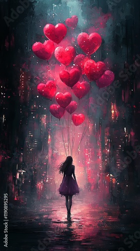 Adorable girl with heart-shaped baloons