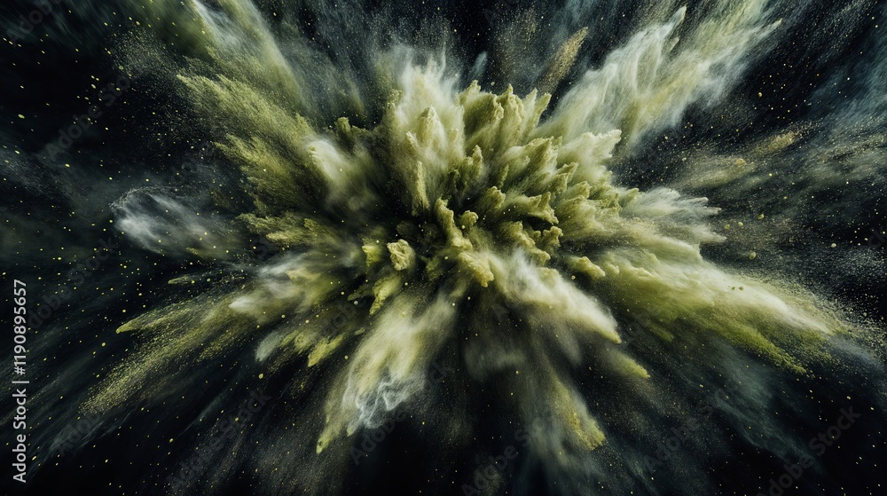 Fototapeta premium Green and white powder exploding on black background