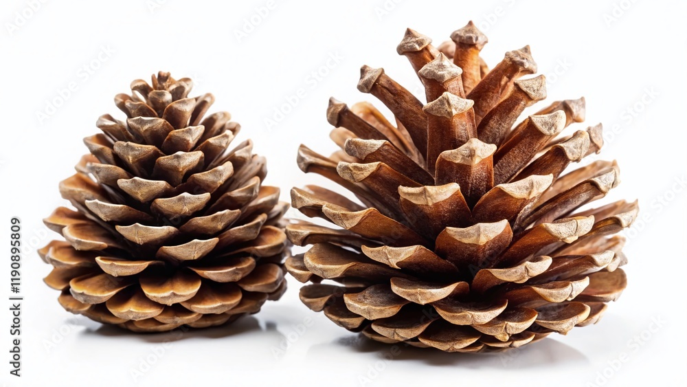 Minimalist Pine Cones: Two Sizes, White Background Stock Photo Minimalist Pine Cones: Two Sizes, White Background Stock Photo