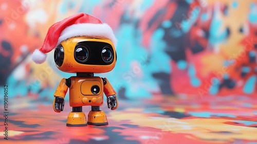 A robot toy wearing a santa hat isolated on a colorful background photo