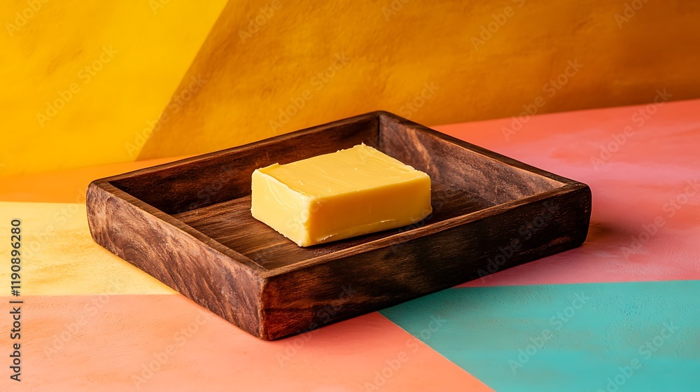 A rustic wooden tray of butter isolated on a colorful background A rustic wooden tray of butter isolated on a colorful background