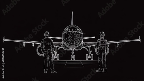 Ground Crew Preparing an Aircraft for Takeoff at an Airport with Two Personnel in Safety Gear at the Forefront, Emphasizing Airport Operations and Teamwork photo