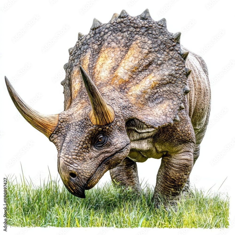 Fototapeta premium Triceratops grazing, prehistoric scene, isolated white background, educational use