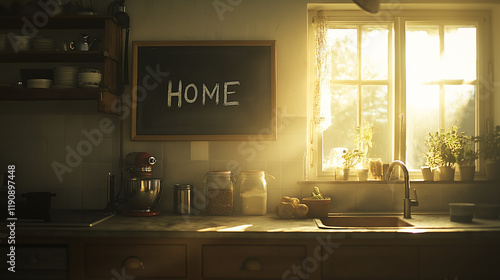 HOME written in chalk on a blackboard, hanging in a cozy kitchen with warm wooden tones and soft morning light streaming through the window
