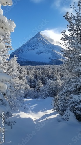 Snow-covered landscape with a majestic mountain under a clear blue sky in winter