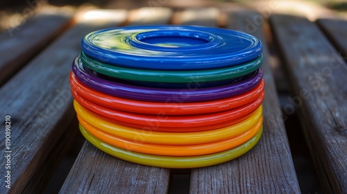 Stacked colorful rings on wooden surface for outdoor play or display