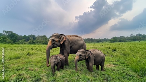 Majestic Elephants in a Lush Green Savannah photo