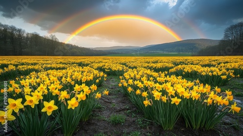 Daffodils bloom under a vibrant sunset with a rainbow in the background of a ...