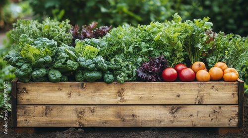 Freshly harvested vegetables and fruits in a wooden planter box at a home gar...