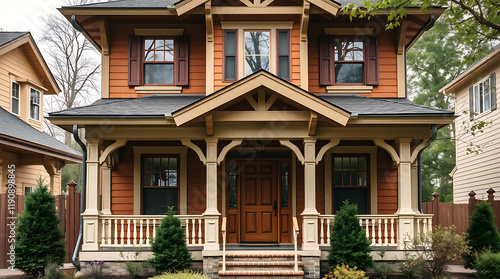 Craftsman Style Home Exterior: A Dream House with a Classic Porch and Beautiful Landscaping photo