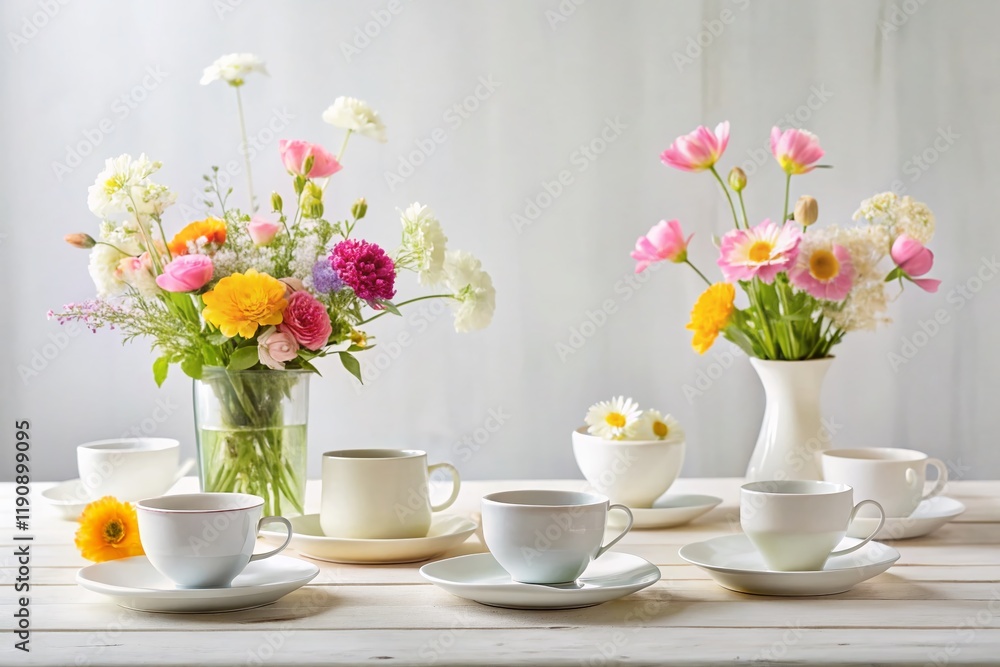 Minimalist Table Setting: Cups, Saucers, Flowers, White Background Minimalist Table Setting: Cups, Saucers, Flowers, White Background