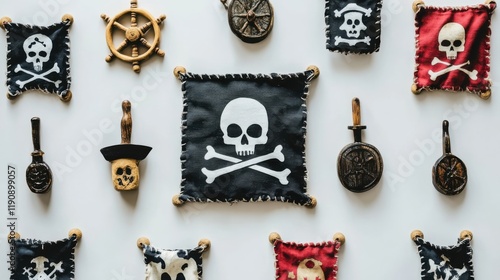 A Decorative Display of Pirate-Themed Artifacts Featuring Skull and Crossbones Designs on Fabric and Wooden Elements in a Nautical Arrangement photo