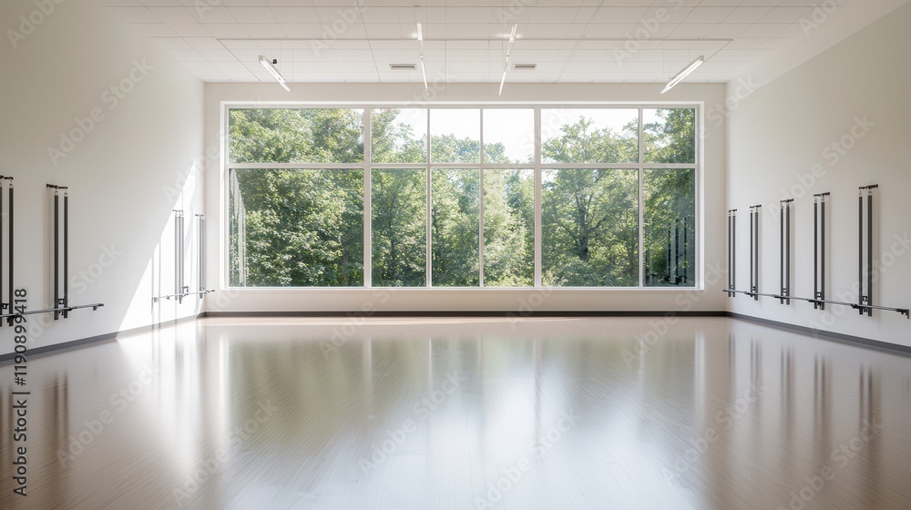 Fototapeta premium A bright, spacious dance studio featuring large windows with a view of greenery, designed for movement and creativity.