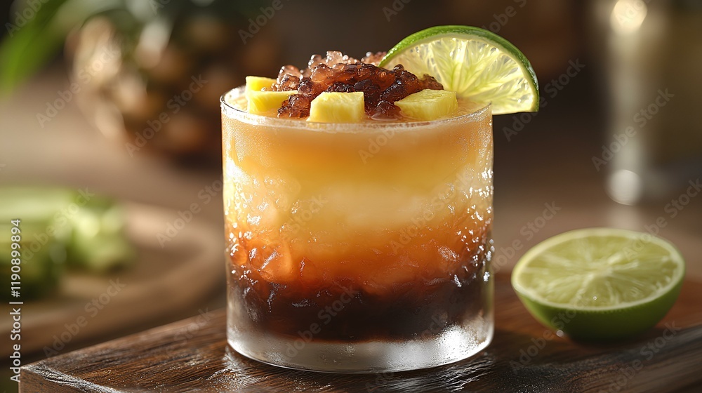 Fototapeta premium tasty cocktail with a base of gold rum and citrus juice. floating on top is a perfect layer of dark rum. garnished with a pineapple wedge and lime slice on rim