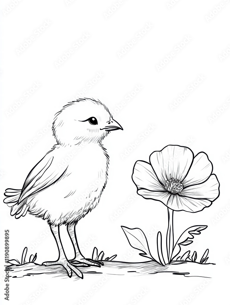 Obraz premium Chick & Bloom: A charming line drawing of a fluffy chick gazing at a blooming poppy, exuding innocence and springtime joy. Perfect for coloring books, children's illustrations, or crafting projects.