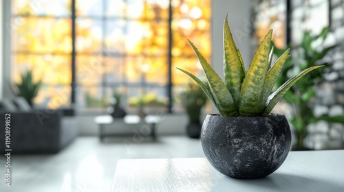 Bright indoor setting with lush green plant by window showcasing autumn colors