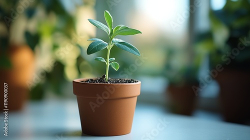 Small green plant grows in a brown pot on a table surrounded by other plants ...