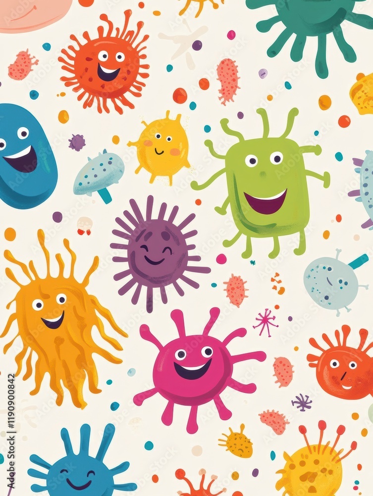 Cartoon microbes with happy expressions playfully interacting on a colorful background filled with various shapes and sizes. Generative AI Cartoon microbes with happy expressions playfully interacting on a colorful background filled with various shapes and sizes. Generative AI