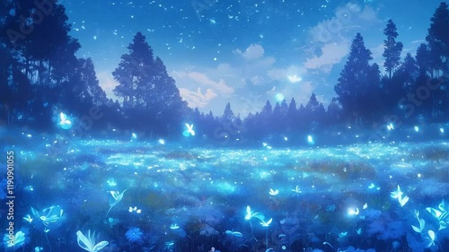 Enchanted Forest with Glowing Butterflies Under Starry Sky