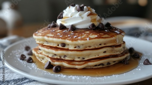 Delicious stack of chocolate chip pancakes topped with fresh raspberries and ...