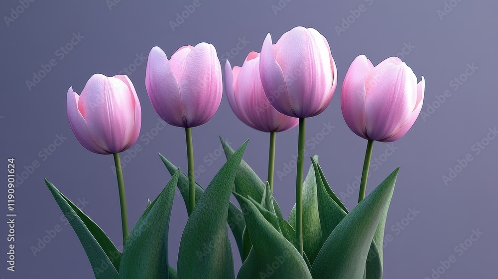 Elegant pink tulips in bloom against a soft purple background highlighting vibrant petals Elegant pink tulips in bloom against a soft purple background highlighting vibrant petals