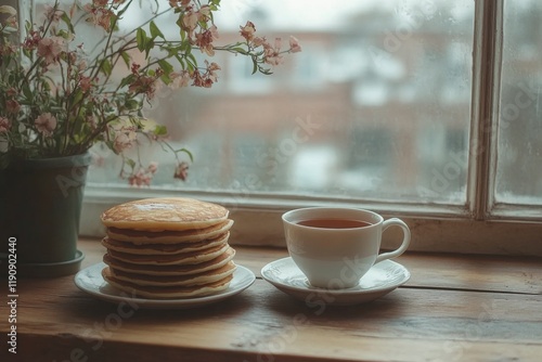 Fluffy pancakes served with a warm cup of tea in a cozy morning setting